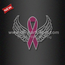 Bling Rhinestones Heat Transfer Pink Ribbon with Wings for T Shirts