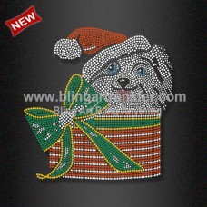 Beautiful Christmas Dog with Santa Hat Rhinstone Iron ons for Hoodies
