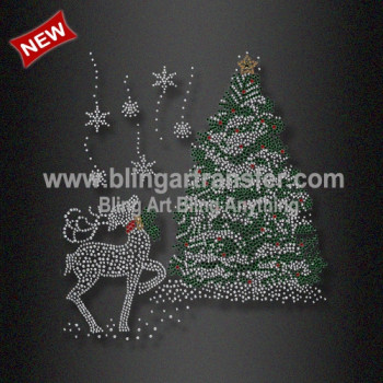 Christmas Deer with Xmas Tree Crystal Heat Transfers for Shirts