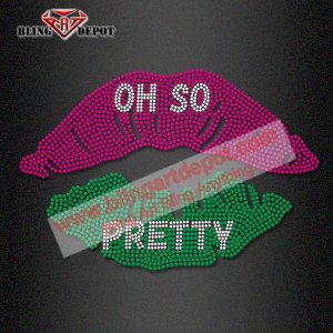 Pink Green Lip Bling Iron On Patch, Sorority Rhinestone Transfer for T-Shirt Sweatshirt