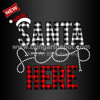 Santa Stop Here Rhinestone Transfers Printing Vinyl Buffalo Plaid Design